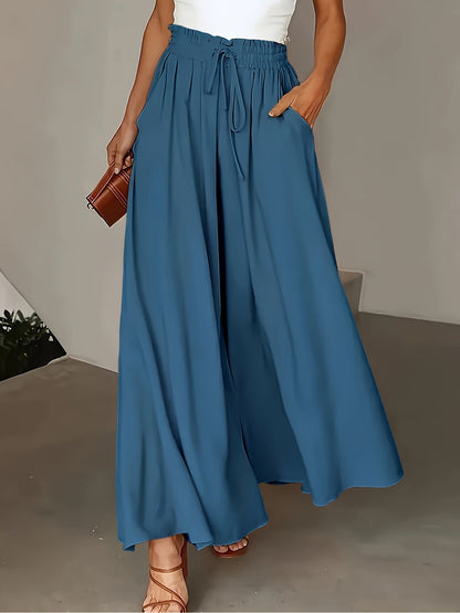 Women's Palazzo Pants with Wide Legs and Paperbag Waist – Elegant High-Waist Style for Casual and Formal Occasions