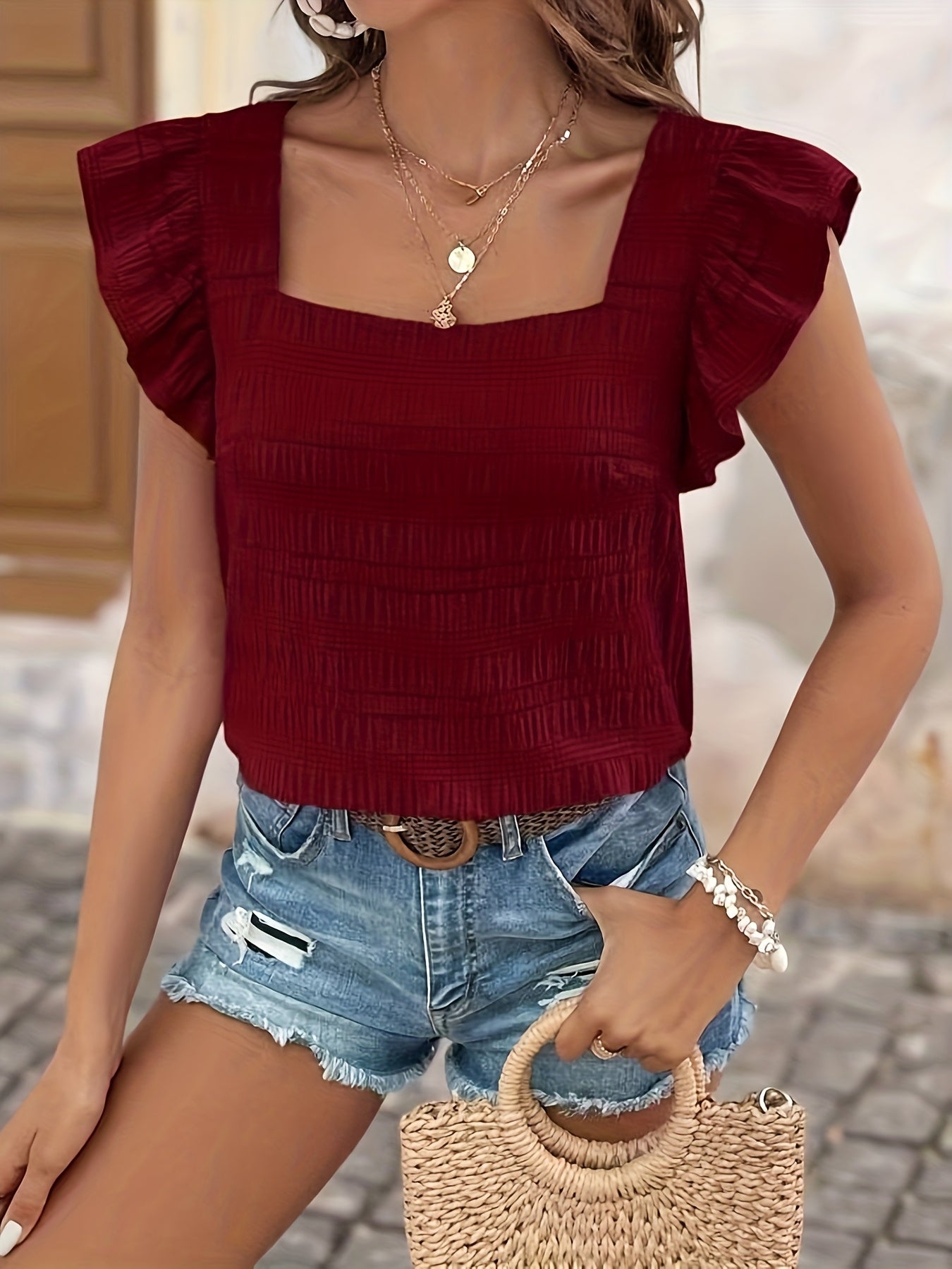 Women's Summer Ruffle Top in Casual Style with Square Neckline – Perfect for Leisure and Vacation