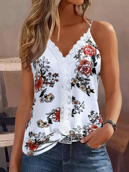 Damen Spaghettiträger Top mit Spitze und Blumenprint – Sommer Freizeit Elegant