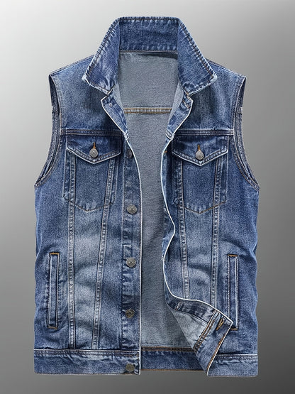 Men's blue sleeveless denim vest with button closure and chest pockets