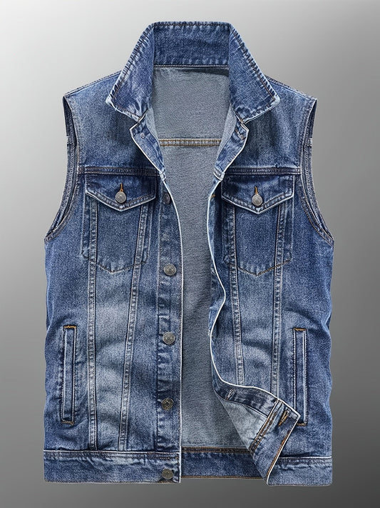 Men's blue sleeveless denim vest with button closure and chest pockets