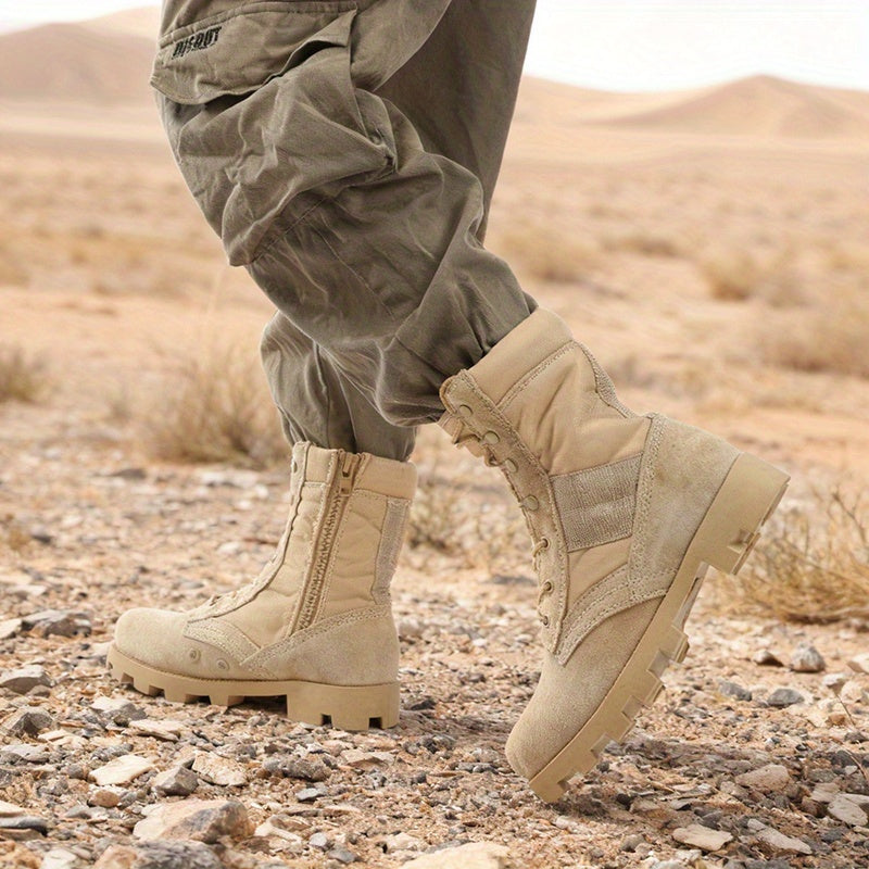 Beige men's lace-up boots with a zipper and rugged tread