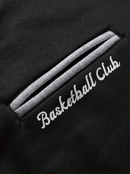 Men’s baseball jacket with hood, snap buttons, embroidery, and ribbed cuffs