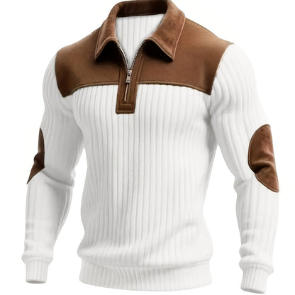 Herren Rippstrick Pullover mit Reißverschlusskragen und Kontrastdetails