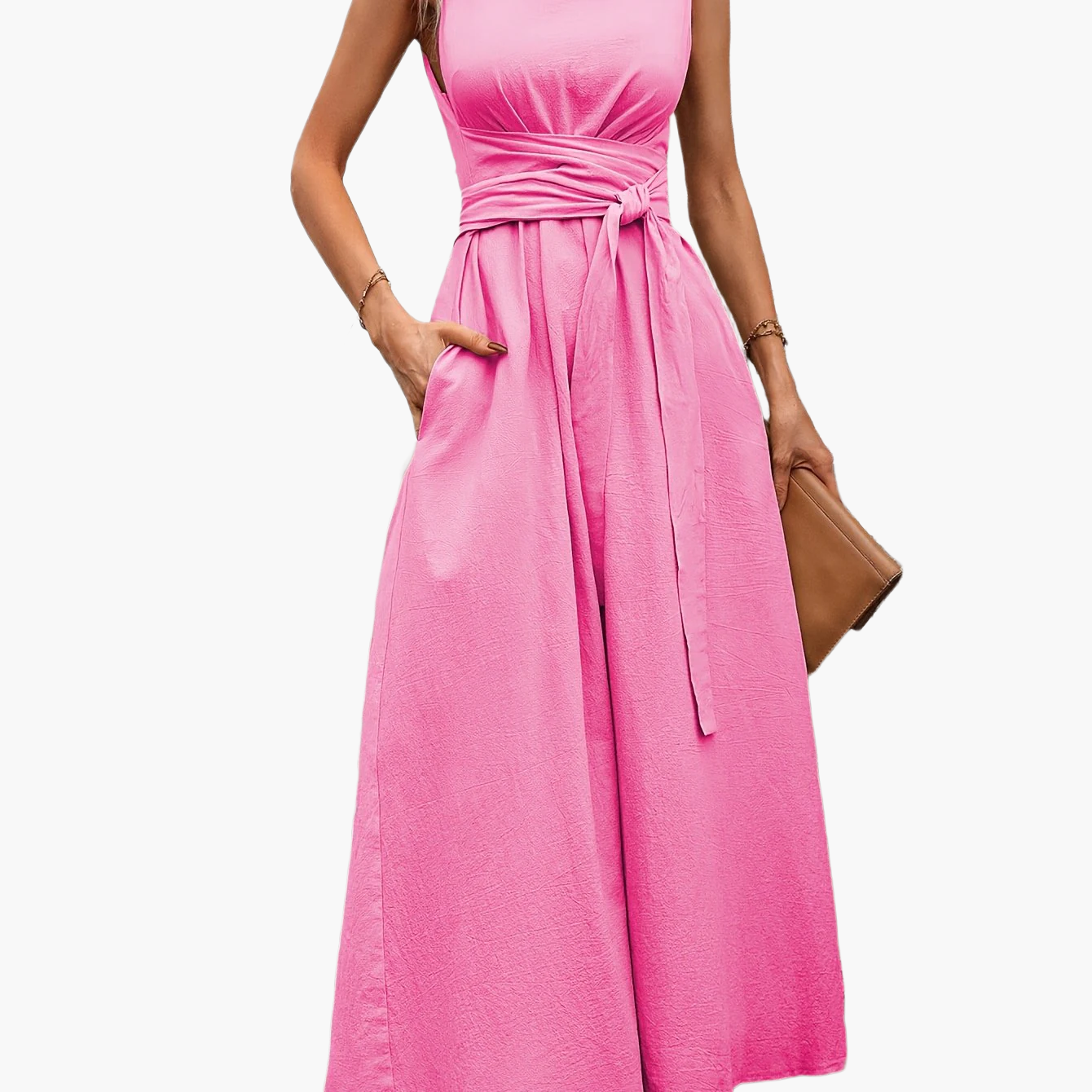 Women's Elegant Sleeveless Jumpsuit with Tie Belt and Wide Legs – Perfect for Summer and Leisure
