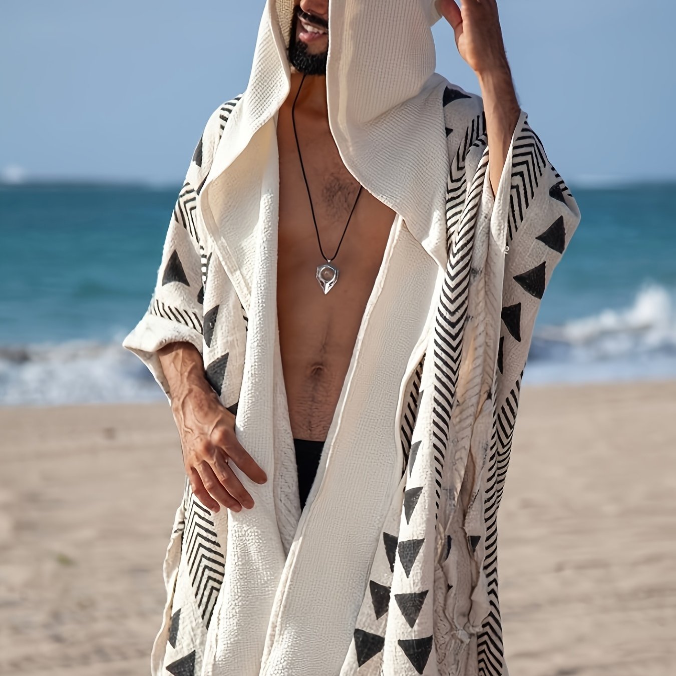 Men's Boho Beach Poncho with Hood and Geometric Pattern – Festival & Beach Cover-Up