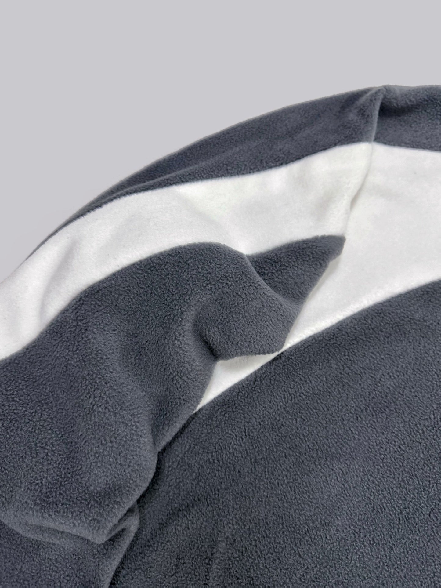 Gray fleece hoodie with logo and white stripes