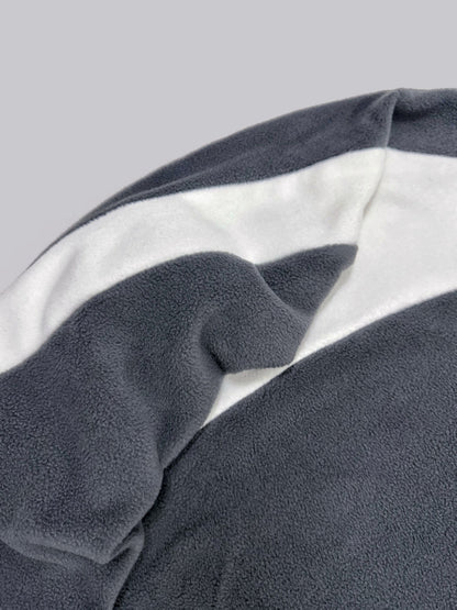 Gray fleece hoodie with logo and white stripes