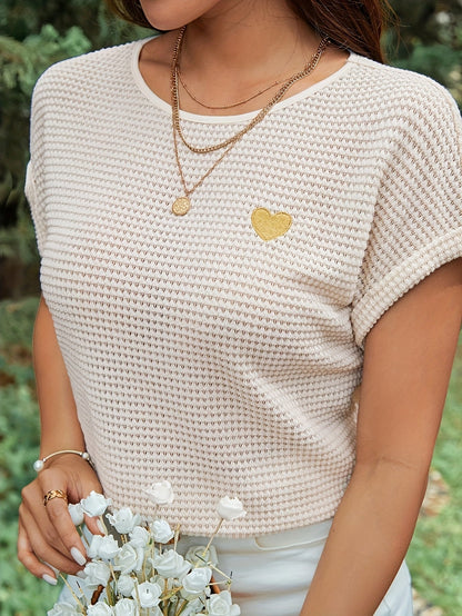 Damen Sommer Strick T-Shirt mit Herz-Detail – Eleganter Freizeitstil für Alltag und Urlaub