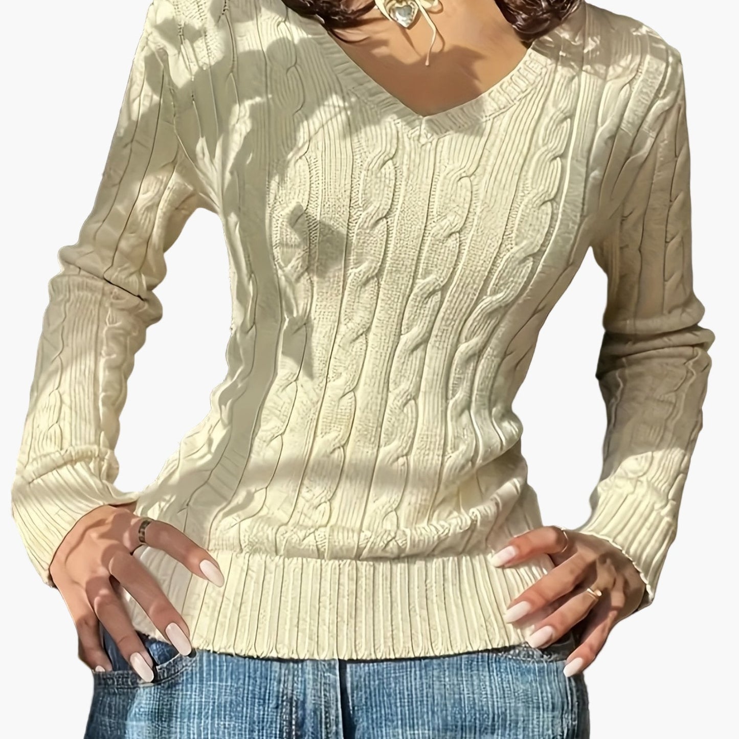 Women's knitted sweater with cable pattern and V-neck – fashionable casual sweater for everyday and office use