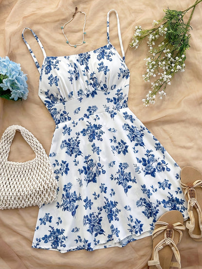 Women's Summer Dress Elegant with Floral Pattern and Spaghetti Straps – Perfect for Casual Wear and Garden Parties