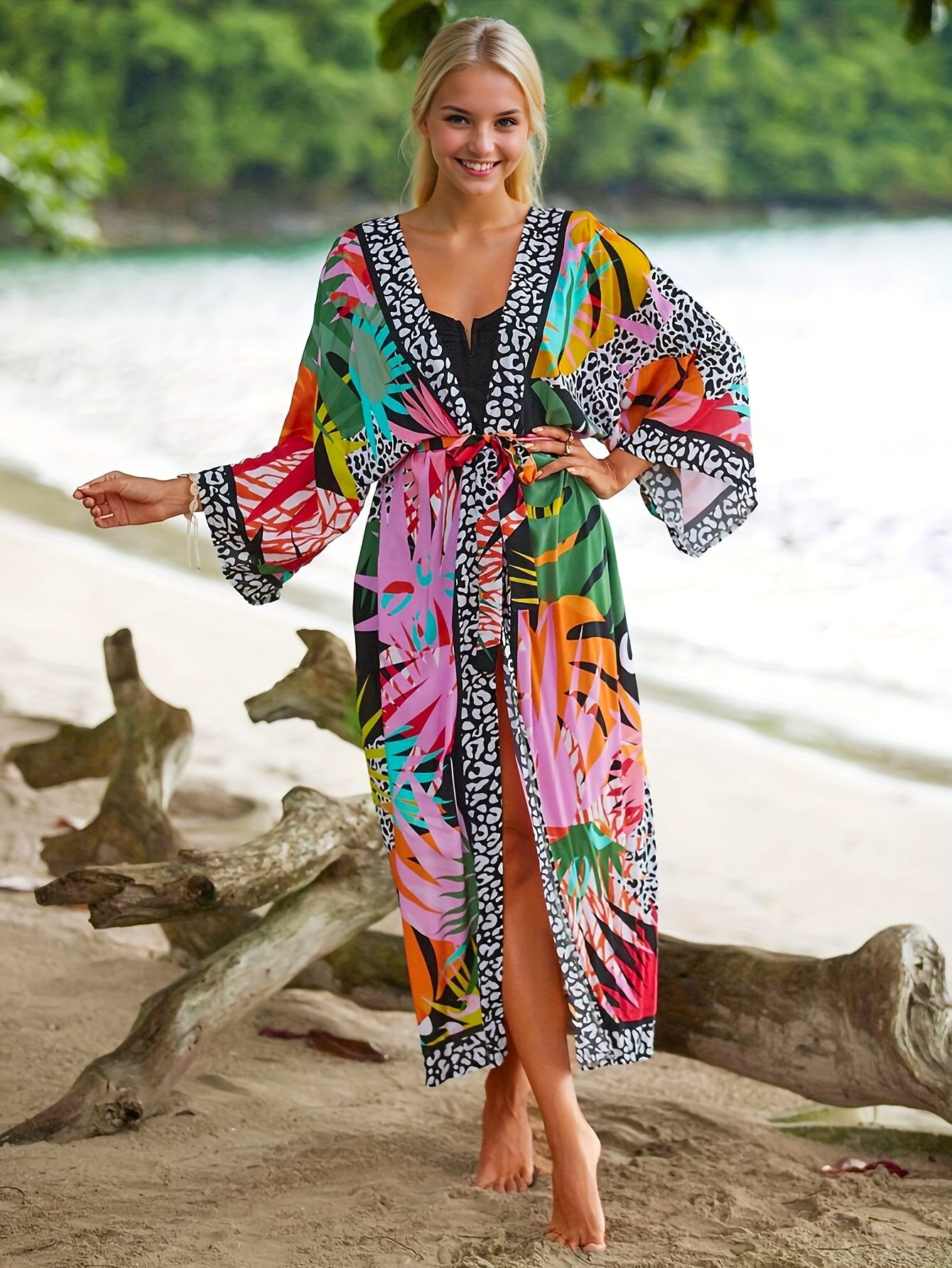 Women's Long Beach Kimono with Tropical Print and Animal Details – Perfect for Vacation & Resort