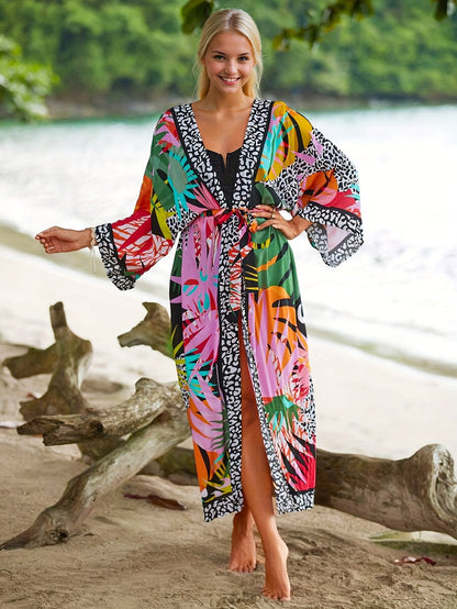 Women's Long Beach Kimono with Tropical Print and Animal Details – Perfect for Vacation & Resort