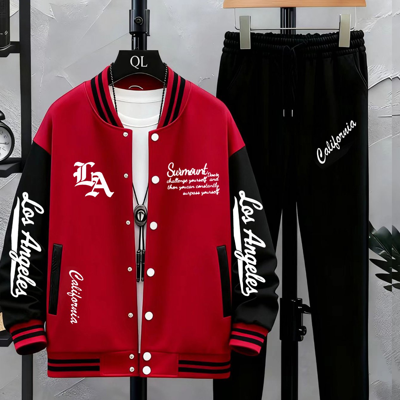 Unisex tracksuit set with baseball jacket and jogging pants, college-style streetwear