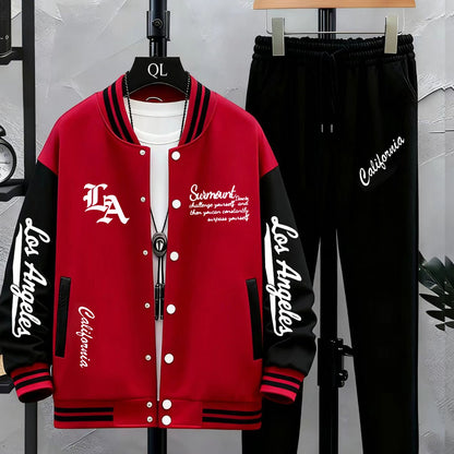 Unisex tracksuit set with baseball jacket and jogging pants, college-style streetwear