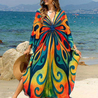 Women's Kaftan Maxi Dress – Boho Beach Tunic with Tie-Dye Pattern, Ideal as Summer Cover-Up