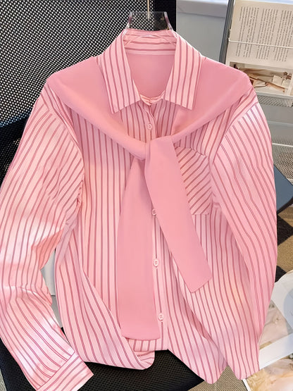 Women's striped blouse with tie detail, long-sleeve shirt blouse with chest pocket