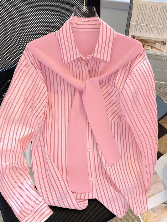 Women's striped blouse with tie detail, long-sleeve shirt blouse with chest pocket