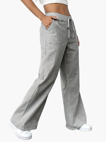 Women's Wide Casual Pants with Stripes and Drawstring – Casual Street Style for Everyday and Leisure
