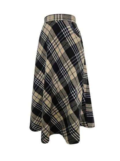 Damen Karierter Maxi-Rock A-Linie mit Taschen