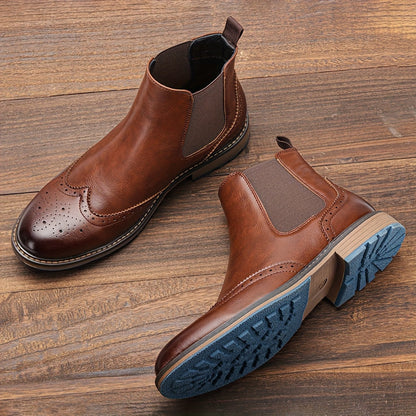 Brown Men's Chelsea Boots with Brogue Design and Elastic Inserts