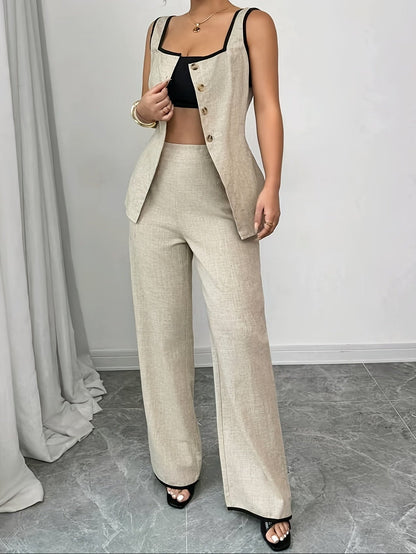 Women's Elegant Two-Piece Suit with Button Placket – Business & Casual Set