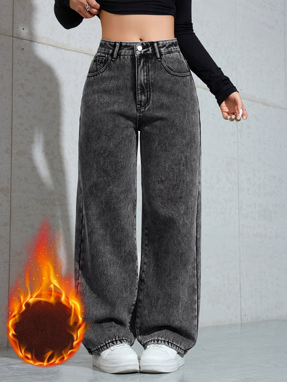 Women's wide-leg jeans with warm lining – dark gray