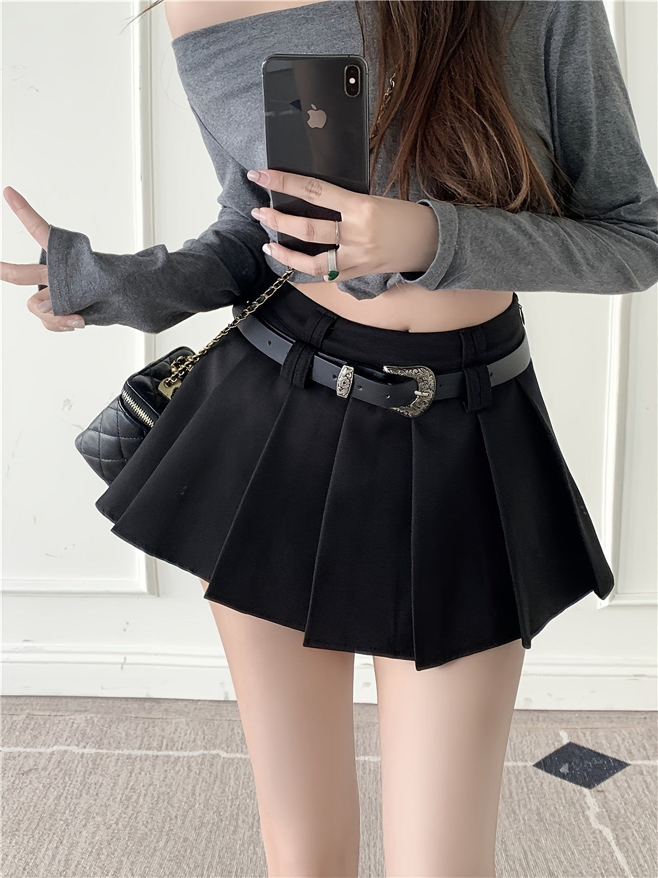 Women's Mini Pleated Skirt with Belt and Sexy Crop Top – Fashionable Streetwear Look for Everyday and Going Out