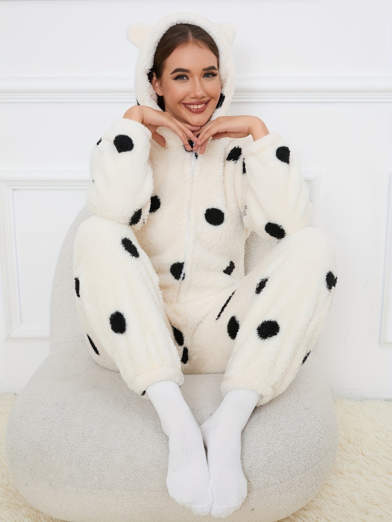 Women's fluffy sleep jumpsuit with zipper, hood, and bear pattern