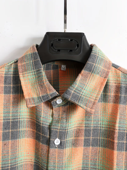 Men's orange and green plaid long-sleeve casual shirt with button placket
