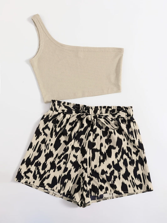 Women's Two-Piece Set with One-Shoulder Top and Animal Print Shorts – Elegant Summer Outfit