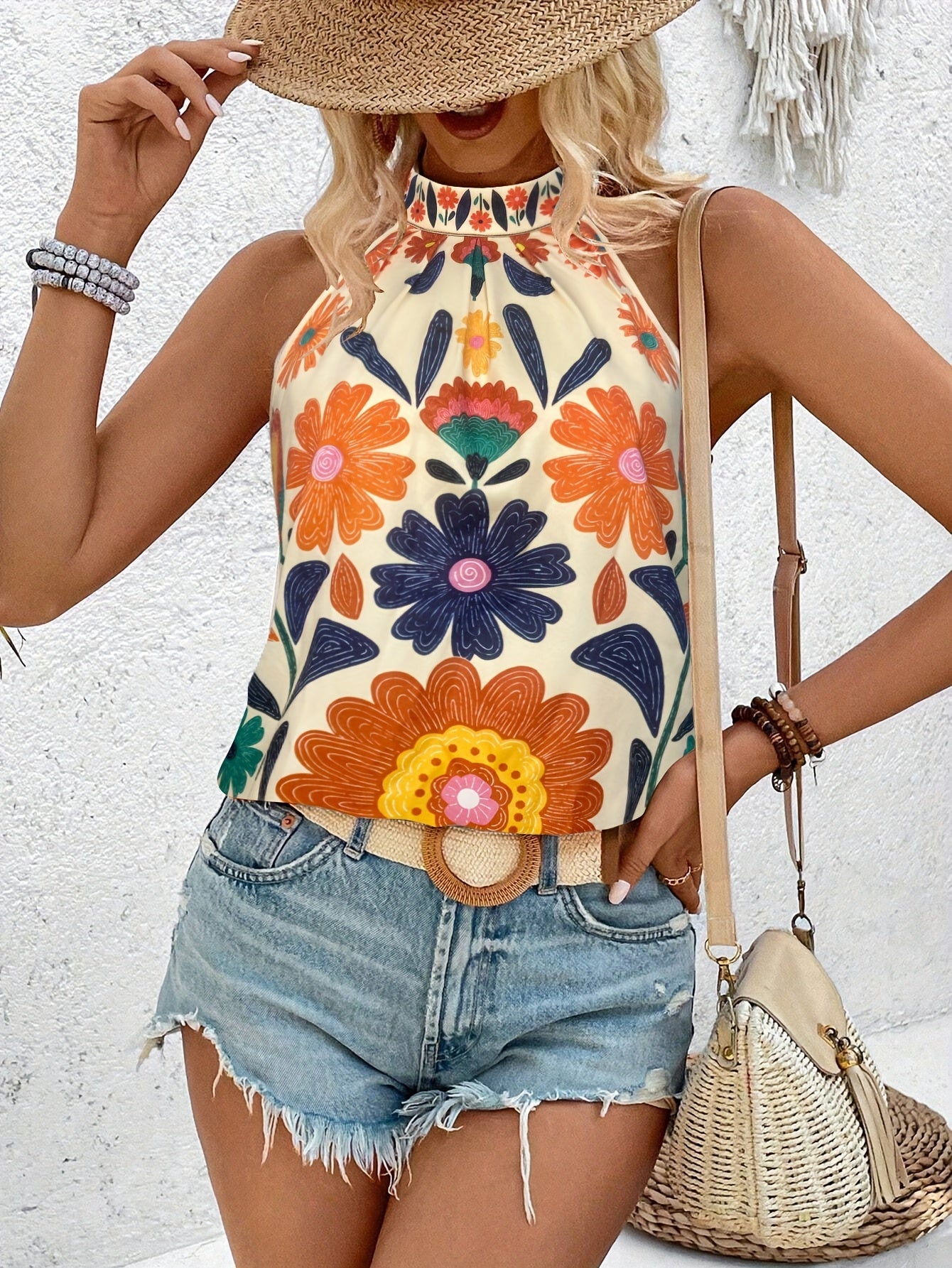Women's Elegant Summer Top with Floral Pattern and High Collar – Fashionable Casual Shirt for Vacation & Everyday Wear