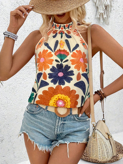 Women's Elegant Summer Top with Floral Pattern and High Collar – Fashionable Casual Shirt for Vacation & Everyday Wear