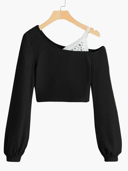 Women's One-Shoulder Sweater with Lace Detail – Fashionable Knit Pullover for Everyday and Leisure Wear