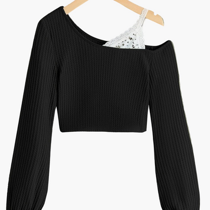Women's One-Shoulder Sweater with Lace Detail – Fashionable Knit Pullover for Everyday and Leisure Wear