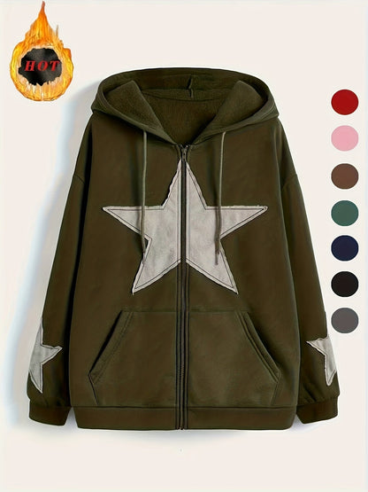 Unisex Kapuzenjacke mit Reißverschluss, Oversize, Stern-Applikationen, Kordelzug, Kängurutaschen