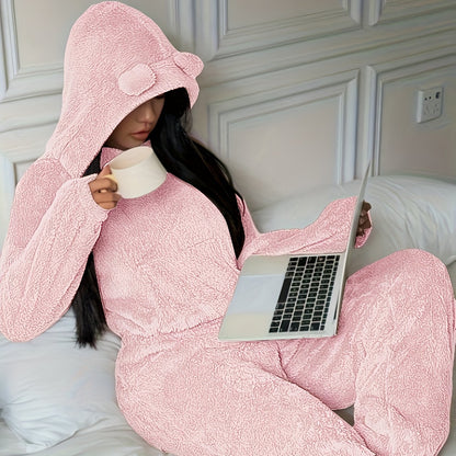 Damen Kuscheliger Loungewear Schlafanzug mit Kapuze und Ohren Plüsch Zweiteiler