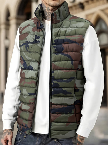 Unisex quilted camouflage vest with stand-up collar