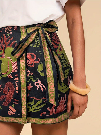 Damen Wickelrock mit Meeresmotiven und folkloristischem Print – Modischer Minirock für Sommer und Freizeit