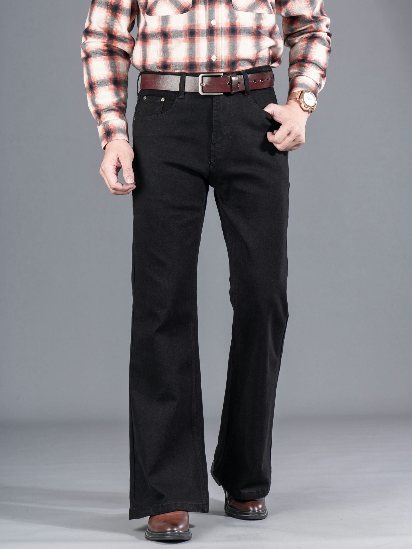 Men's black bootcut jeans with a flared leg, regular fit