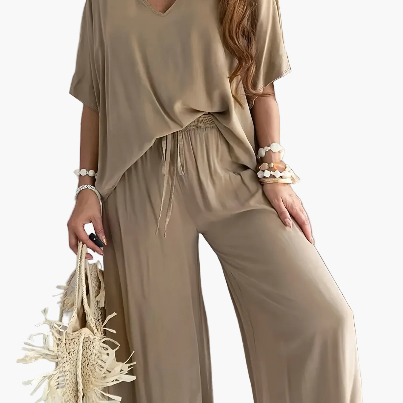 Women's Loose Lounge Pants & V-Neck Blouse Set – Elegant Casual Outfit for Everyday and Vacation