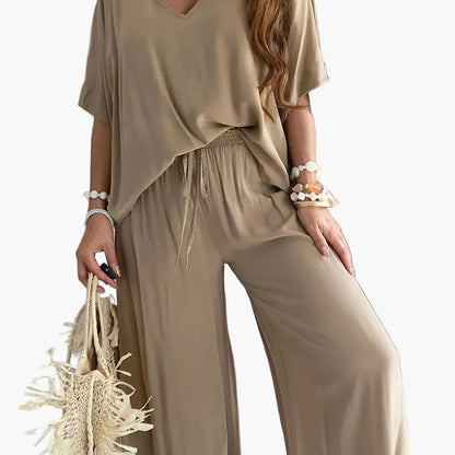 Women's Loose Lounge Pants & V-Neck Blouse Set – Elegant Casual Outfit for Everyday and Vacation