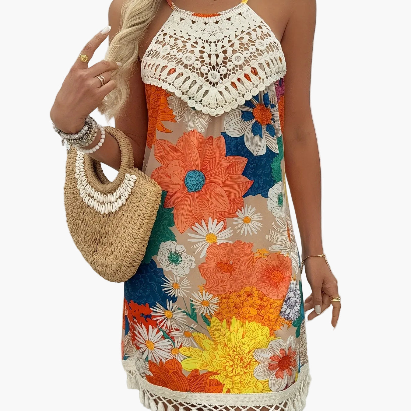 Women's Summer Beach Dress in Boho Style with Crochet Details and Paisley Pattern – Elegant Casual Tunic Dress for Vacation and Everyday Wear