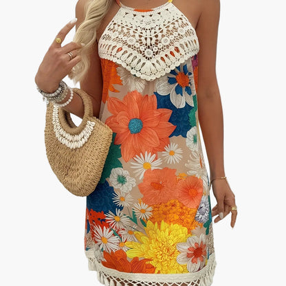 Women's Summer Beach Dress in Boho Style with Crochet Details and Paisley Pattern – Elegant Casual Tunic Dress for Vacation and Everyday Wear