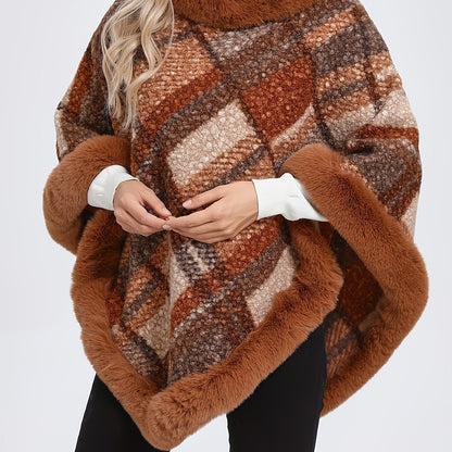 Damen Poncho mit Fellimitatbesatz, kariert, Braun/Grau