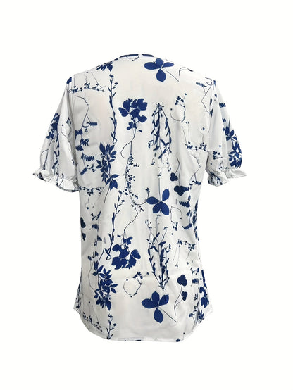 Women's blouse with V-neck and lace trim, casual summer style, floral pattern, ideal for everyday wear and leisure