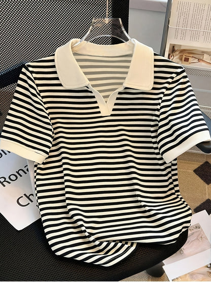 Women's polo shirt with stripes and V-neck – smart-casual style for leisure and office