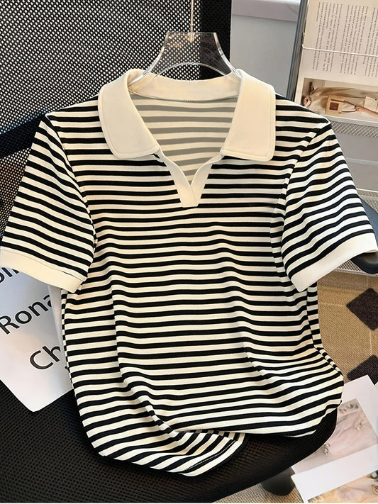Women's polo shirt with stripes and V-neck – smart-casual style for leisure and office