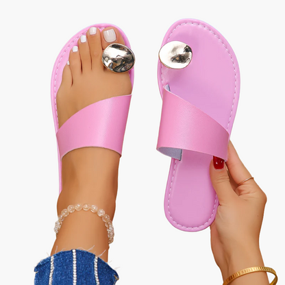 Women's toe separator sandals with metallic decoration – Fashionable slip-on summer shoes