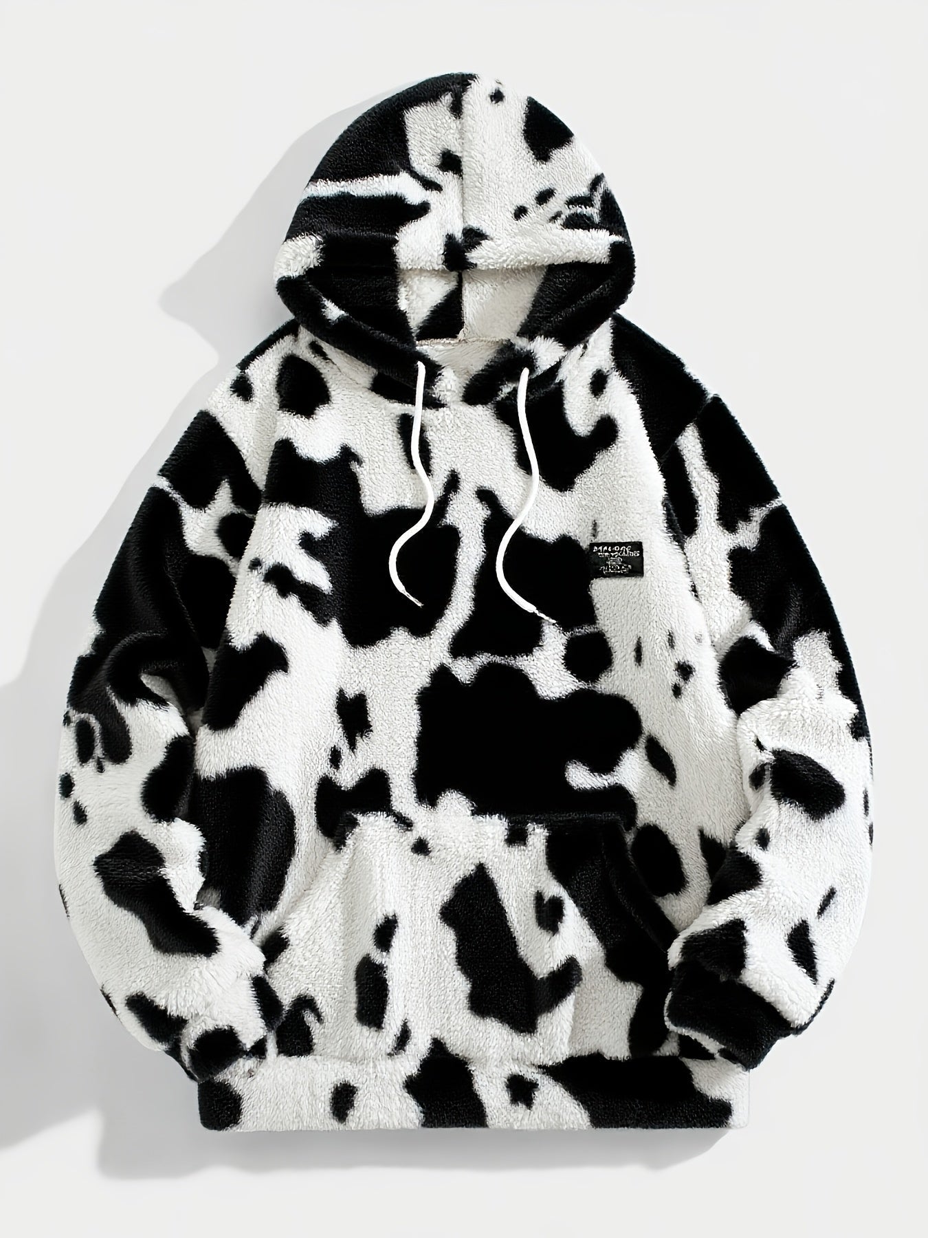 Teddyfleece Hoodie Kuhflecken-Muster mit Kängurutasche und Kapuze